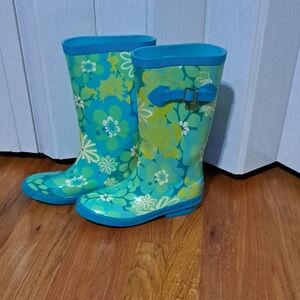 LL Bean Floral Blue and Green Girl Rain Boots Size 4
